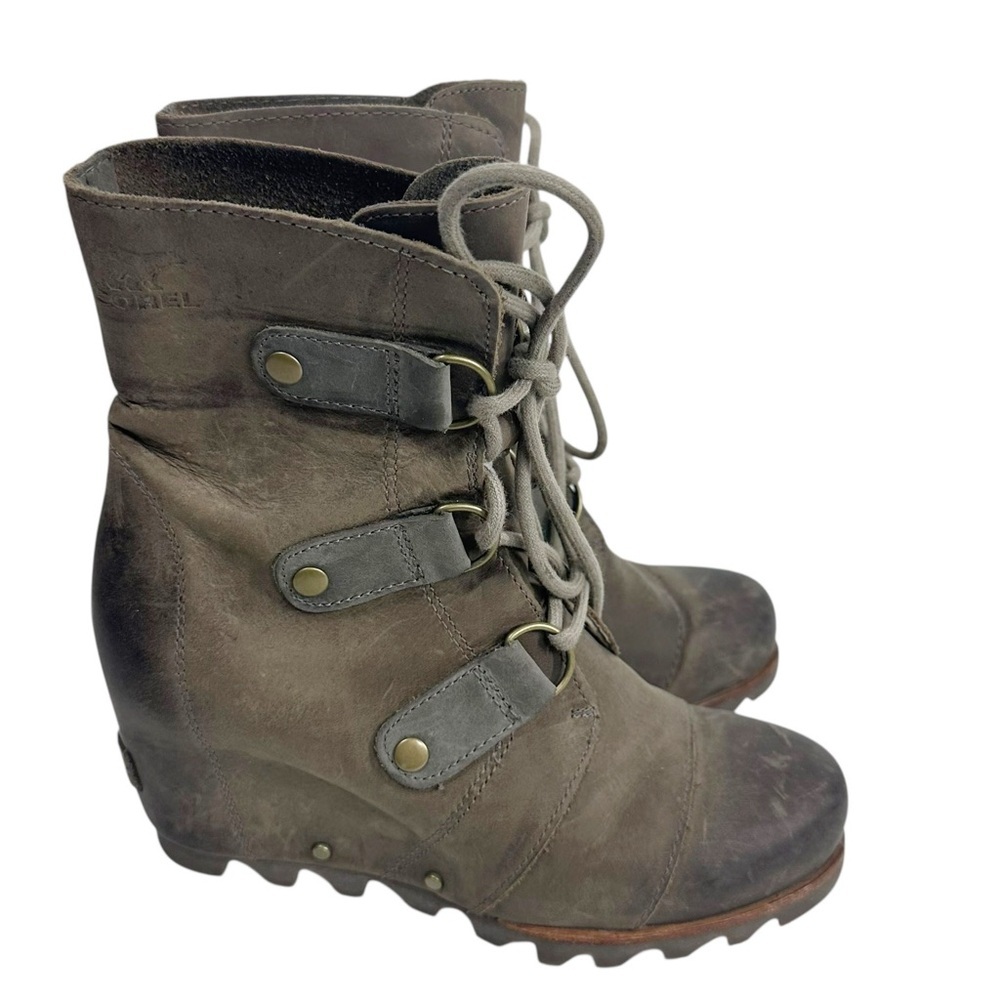 SOREL Joan of Arctic Lace up Taupe Leather Wedge Boots Women's 6.5